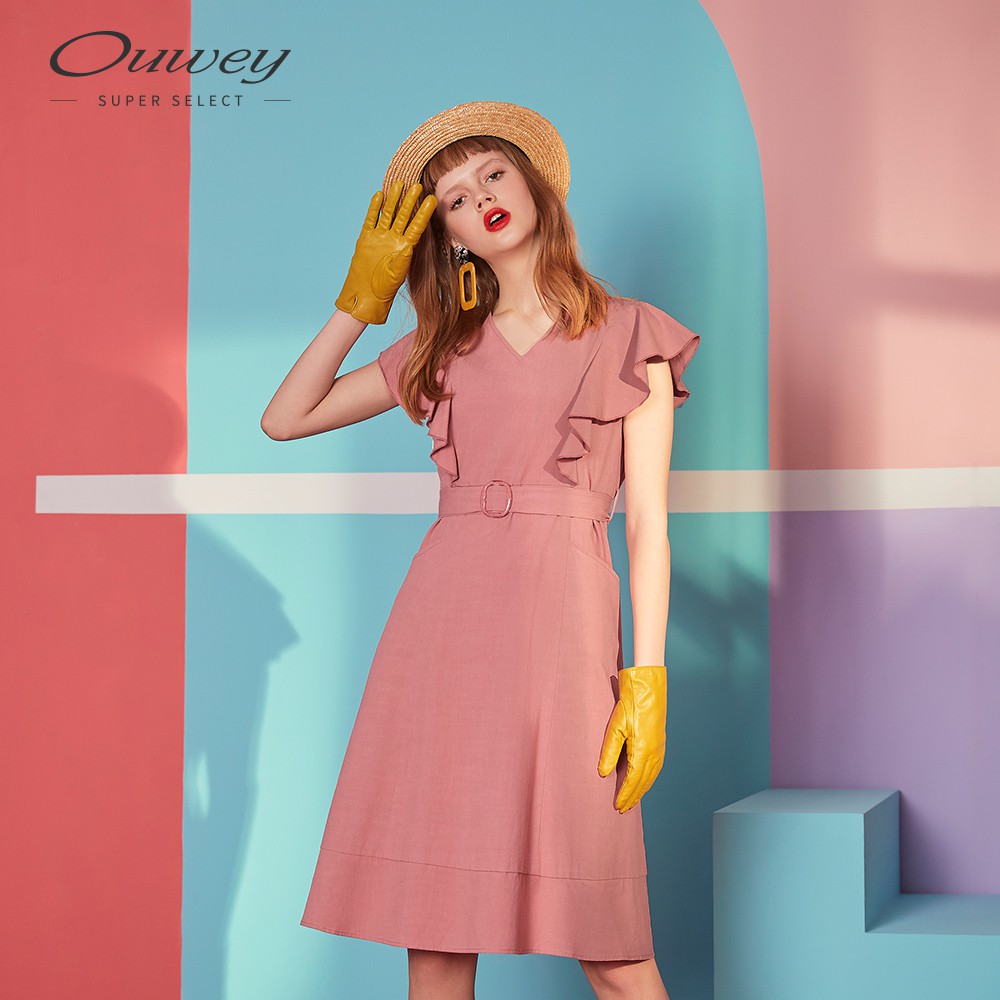 OUWEY歐薇 荷葉腰帶V領洋裝(粉)I08711