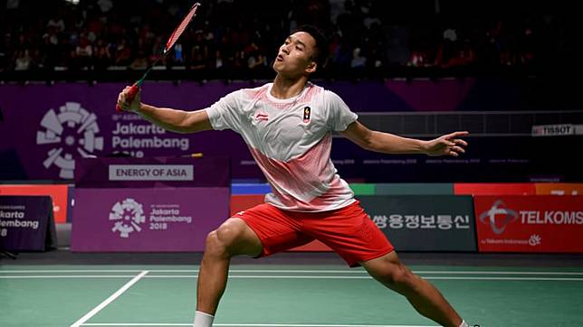 Jonatan Christie di semifinal vs Jepang. (Foto: FOTO ANTARA/INASGOC/Puspa Perwitasari)