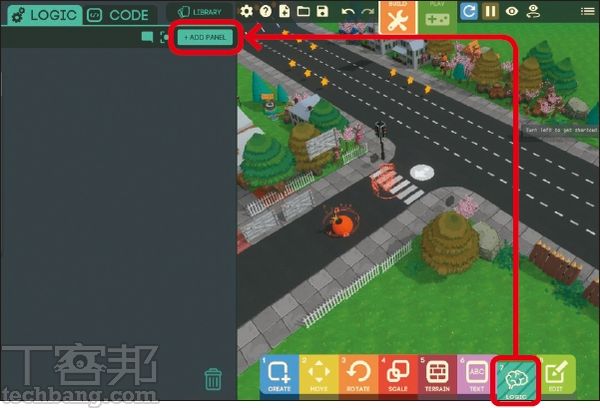 3.下一步，點選可以移動的角色、物體，並切換到「7-Logic」按鈕，點選左方視窗的「Add Panel」。