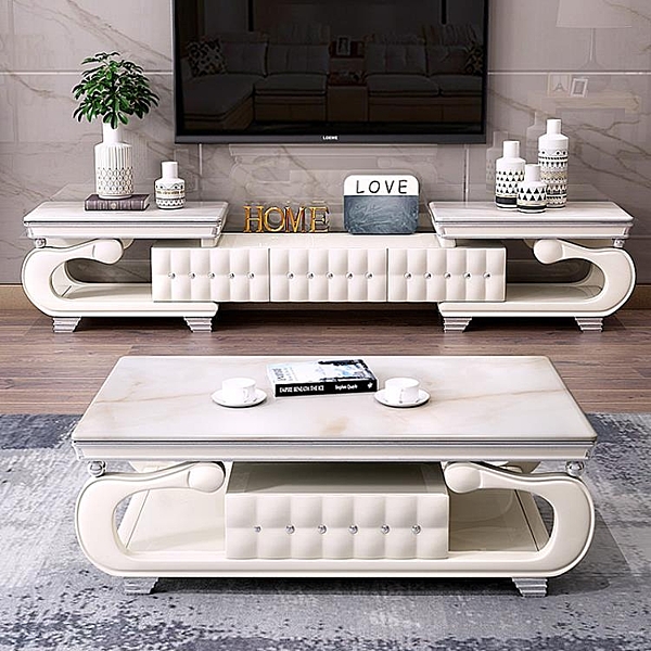 簡歐大理石電視柜茶幾組合套裝現代簡約客廳伸縮大小戶型歐式新款