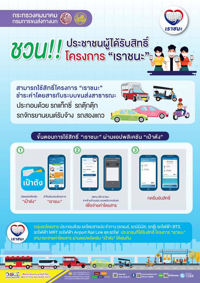 กรมการขนส่งทางบก เผย!!! ประชาชนที่ได้รับสิทธิตามโครงการ "เราชนะ" สามารถใช้จ่ายผ่านแอปพลิเคชัน ...