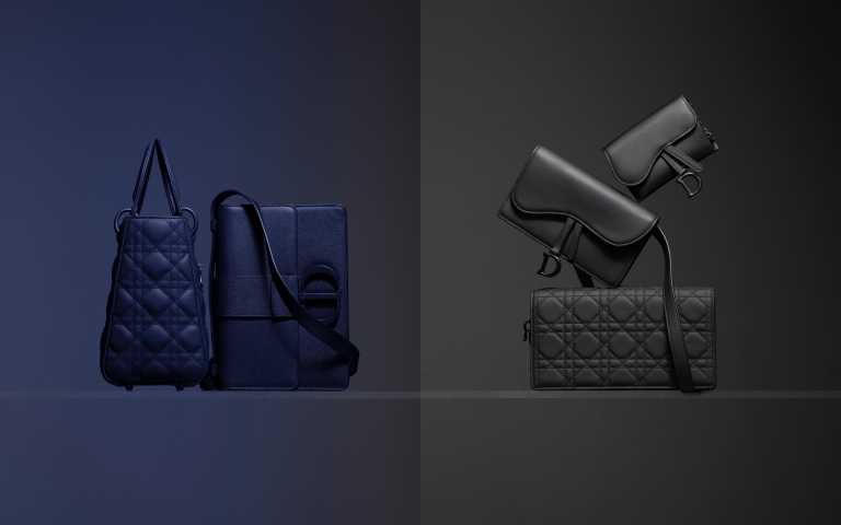 Lady Dior Ultra Matte 海軍藍小牛皮籐格紋中型提包／150,000元、30 Montaigne Ultra Matte 海軍藍粒紋小牛皮翻蓋包／120,000元、Saddle Ultra Matte 黑色小牛皮馬鞍鍊帶手拿包／23,500元、Saddle Ultra Matte 黑色小牛皮馬鞍腰包／41,000元、Lady Dior Ultra Matte 黑色籐格紋小牛皮鍊帶長夾／58,000元（圖／品牌提供）