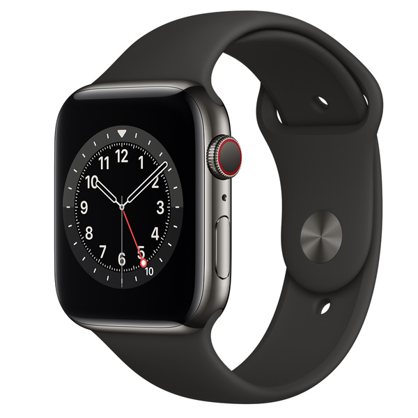 Apple Watch Series 6 (GPS + 行動網路)；44 公釐石墨色不鏽鋼錶殼；黑色運動型錶帶 - 標準