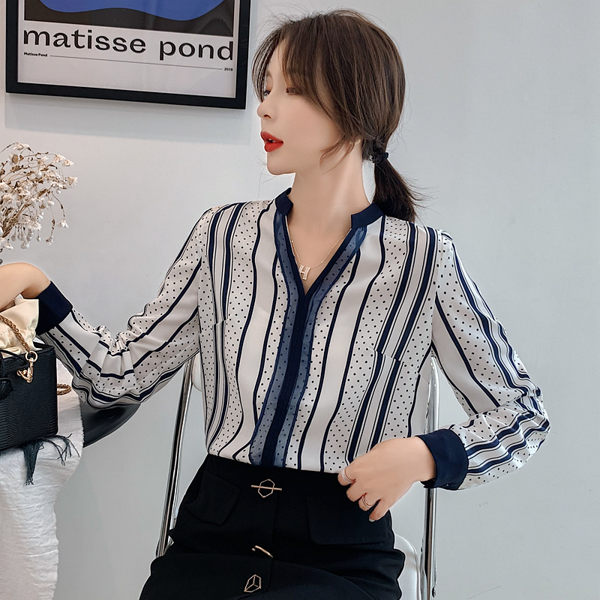 VK精品服飾 韓國風條紋設計感波點襯衫雪紡長袖上衣