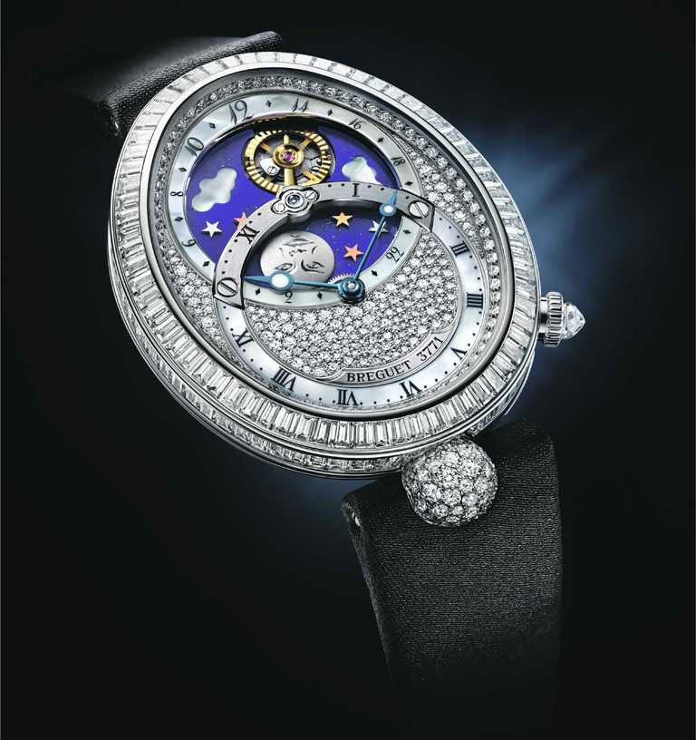 BREGUET「Reine de Naples 8999日月星辰滿天星」白K金鑽錶╱7,266,000元。（圖╱BREGUET提供）