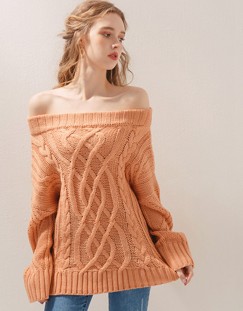 一字領麻花長袖毛衣