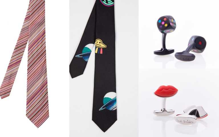 Paul Smith 經典彩條領帶／5,800元、彩色骰子袖扣／5,300元、紅脣造型袖扣／5,300元；PS by Paul Smith 幽浮領帶／5,800元（圖／品牌提供）