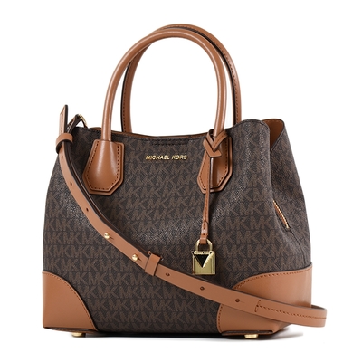 MICHAEL KORS 專櫃款 緹花LOGO防刮磁釦手提/斜背二用包-焦糖色/小