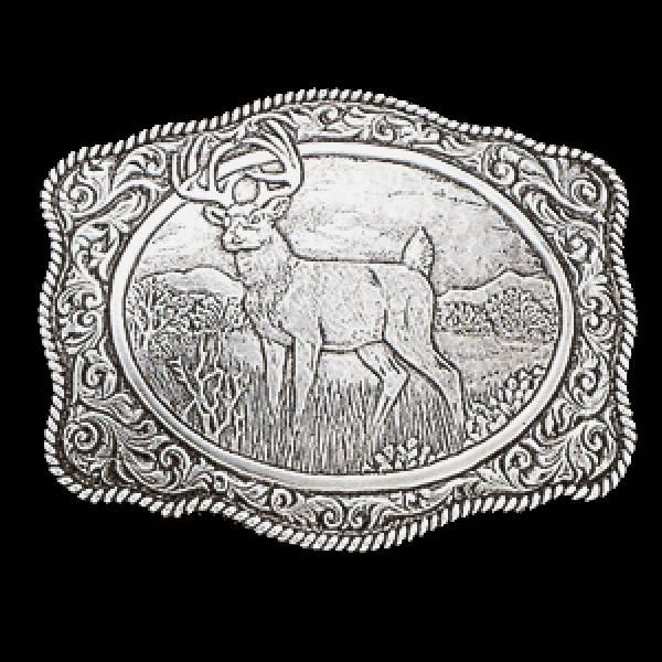 This Deer Hunter Belt Buckle, from Nocona is a decorative silver plated belt buckle that is a great 