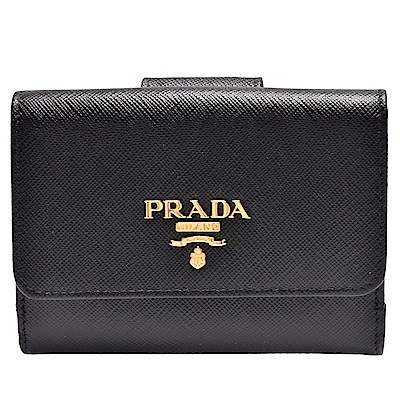 PRADA SAFFIANO METAL經典金色浮雕LOGO防刮牛皮雙暗釦短夾(黑色)