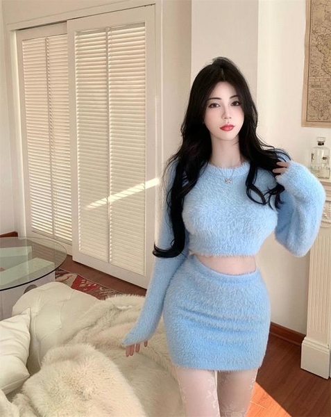 套裝女秋圓領長袖露臍海馬毛針織毛衣包臀半身裙純欲辣妹套裝X3577