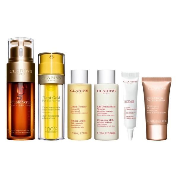 活動日期：1/1-2/28超級精華黃金雙激萃 50ml蘭花純萃賦活乳 35ml洋甘菊化妝水 50ml阿爾卑斯花草卸妝乳 50ml超性感美頸霜(彈力升級版) 15ml輕呼吸全效UV 隔離露SPF50 P