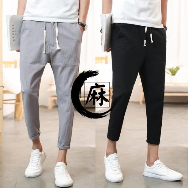 褲子男正韓潮流九分褲亞麻休閒褲修身小腳港風寬鬆夏季百搭9分褲