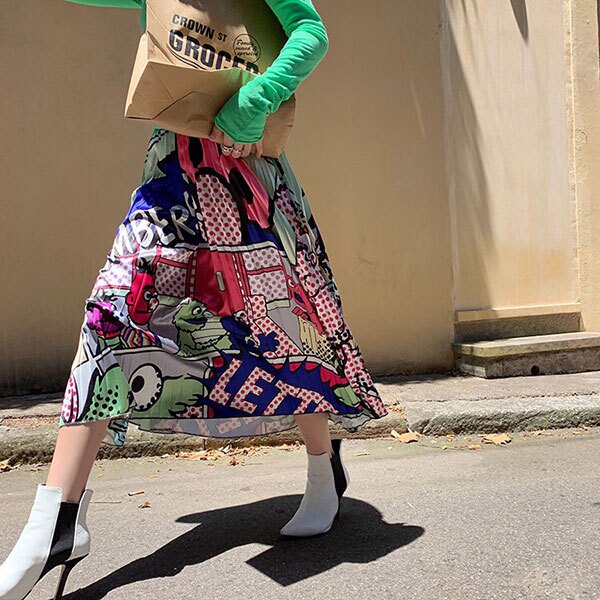 芝麻街 漫畫 百褶裙 百折裙 長裙 A字裙 傘裙 裙子 卡通 彩色 誇張 潮流 韓國 ANNA S.