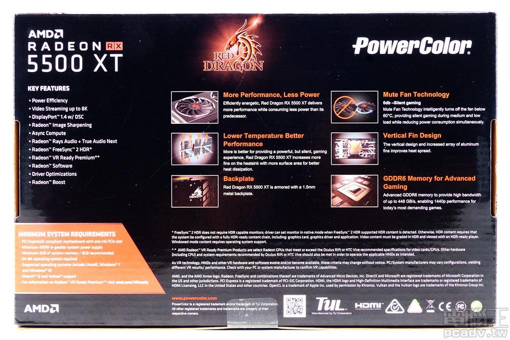 Red Dragon RX5500XT 8GB GDDR6 顯示卡外盒背面印製產品特色。
