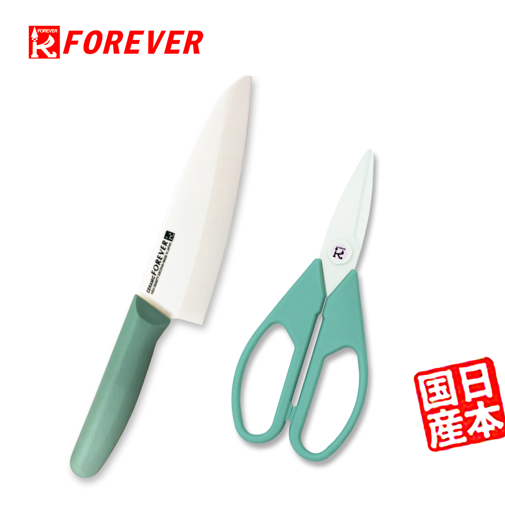 【FOREVER】日本製造鋒愛華高精密陶瓷刀18CM贈銀抗菌料理陶瓷剪刀(白刃綠柄)