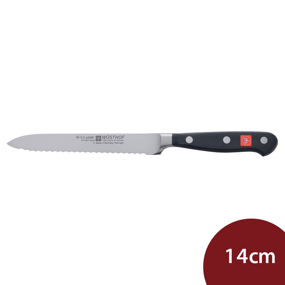 1. 鋸齒狀的刀刃適合切割麵包、香腸、番茄等食物2. Classic系列是品牌中擁有最多刀型的系列3. 經專業廚師協同設計的人體工學的手柄，使用輕巧更靈活，減少疲勞感