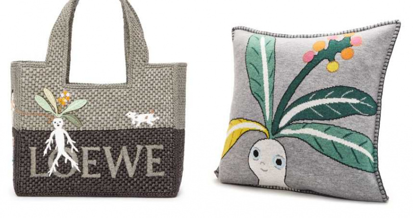 Font灰黑色曼德拉草刺繡酒椰葉編織托特包、淺灰色曼德拉草刺繡抱枕／均價格店洽（圖／品牌提供）