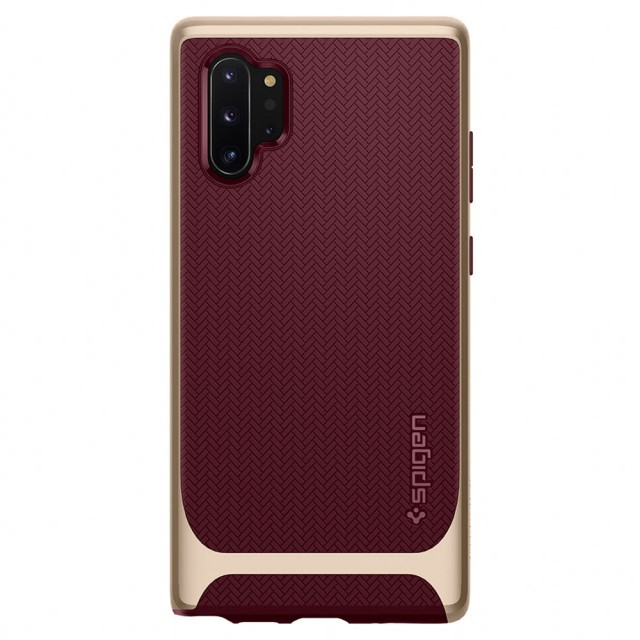 PC材質強化邊框TPU耐衝擊背蓋封閉式獨立按鍵獨家抗震網紋設計前後增高設計加強防刮全包覆式圓弧設計適用機型：Samsung Galaxy Note 10 Plus 材質：PC+TPU顏色：銅灰/勃根地