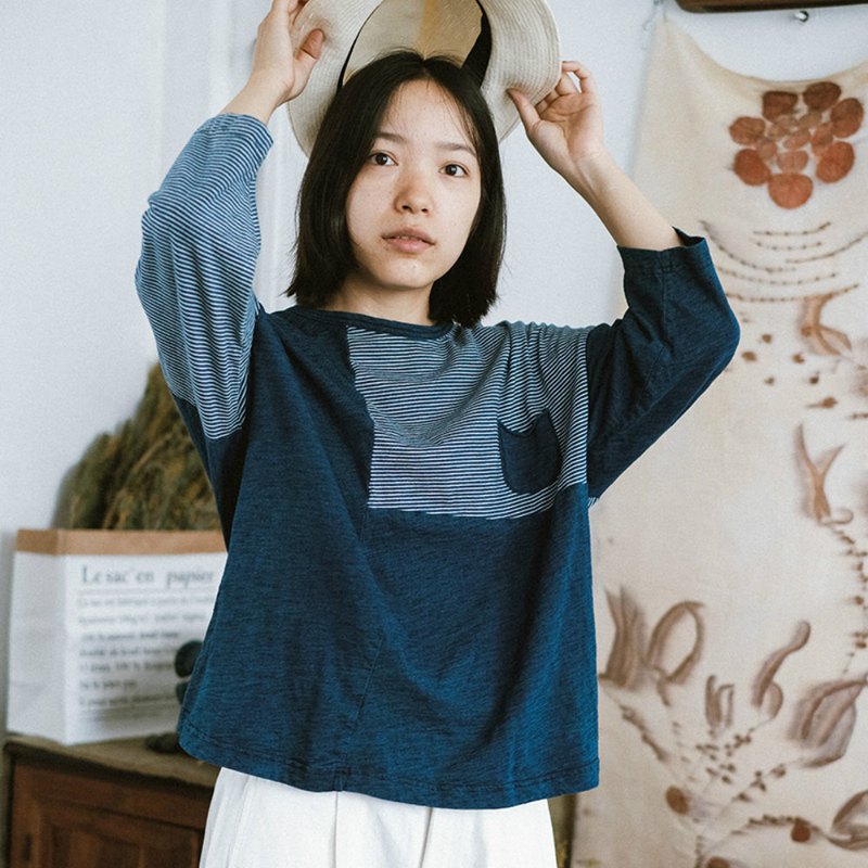 工藝：條紋+天然酵素水洗工藝 、靛藍染+天然酵素水洗工藝 面料：100%cotton天然有機棉 尺寸：衣長：62 胸圍：135 袖長：34