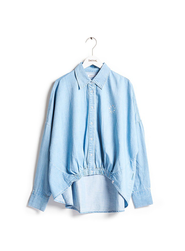 SOMETHING 落肩短版束帶造型襯衫(拔洗藍)#外套