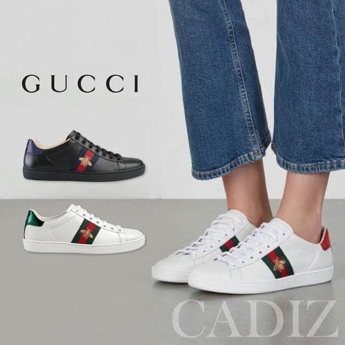 義大利正品 GUCCI Baskets brodes Ace 休閒黑白皮革蜜蜂刺繡板鞋 431942