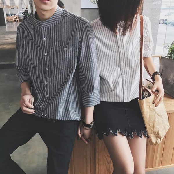 森雅誠品 春裝青少年正韓小清新豎條紋襯衫男士七分袖情侶休閒立領襯衣