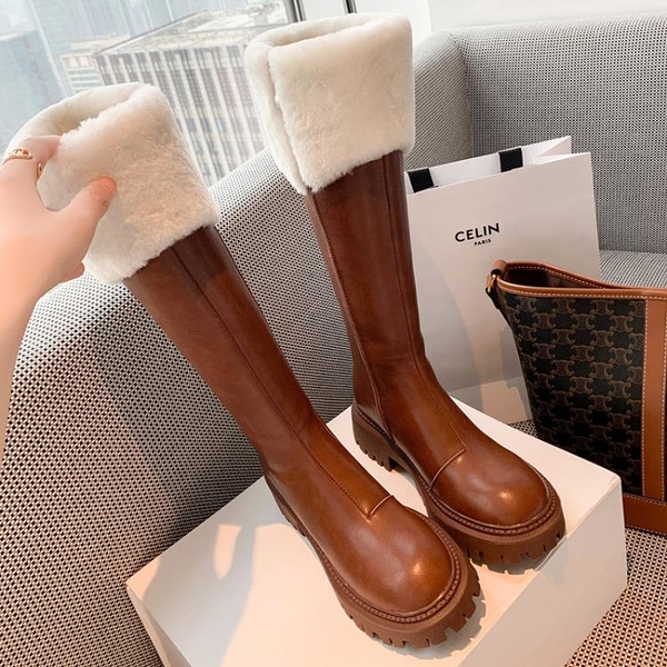 不過膝高筒靴女坡跟松糕底羊毛長靴厚底真皮保暖長筒靴復古騎士靴