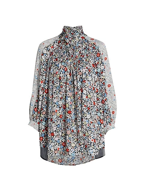 Multicolor florals with a tie-neck design lends versatile visuals to this tunic.; Tie-neck; Three-qu