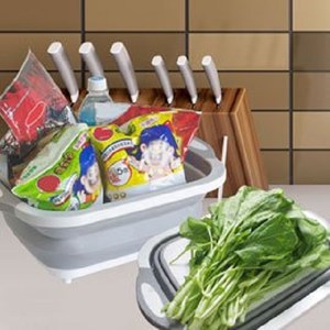 瀝水藍、收納架、砧板多功能 摺疊設計立起、收納都可使用 按壓自動排水免費利傾倒出水 收納後體積輕薄縫隙即可收納