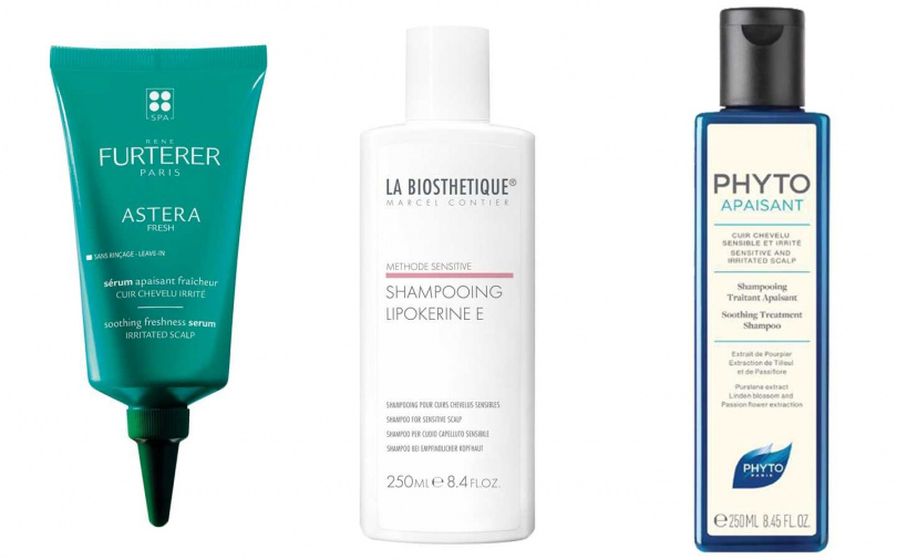 RENE FURTERER ASTERA紫苑草舒緩凝露（免沖） 75ml／1,980元、LA BIOSTHETIQUE舒緩肌浴 250ml／1,200元、PHYTO舒敏能量洗髮精 250ml／750元（圖／品牌提供）