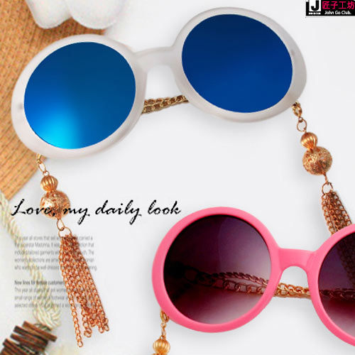 反光太陽眼鏡/墨鏡 抗UV400 圓形鏡框 金屬鏈條流蘇 串珠造型吊墜☆匠子工坊☆【UG0064】