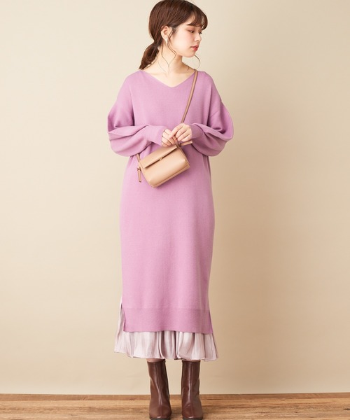 薰衣草色針織連身裙