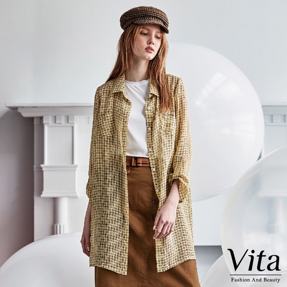 Vita-翻領排扣格紋微透膚長版上衣-芥末黃-1360-21665-59