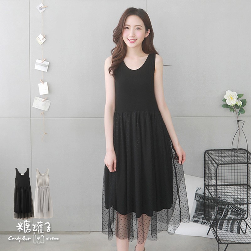 《預購》糖罐子拼接點點網紗縮腰背心洋裝【E53579】