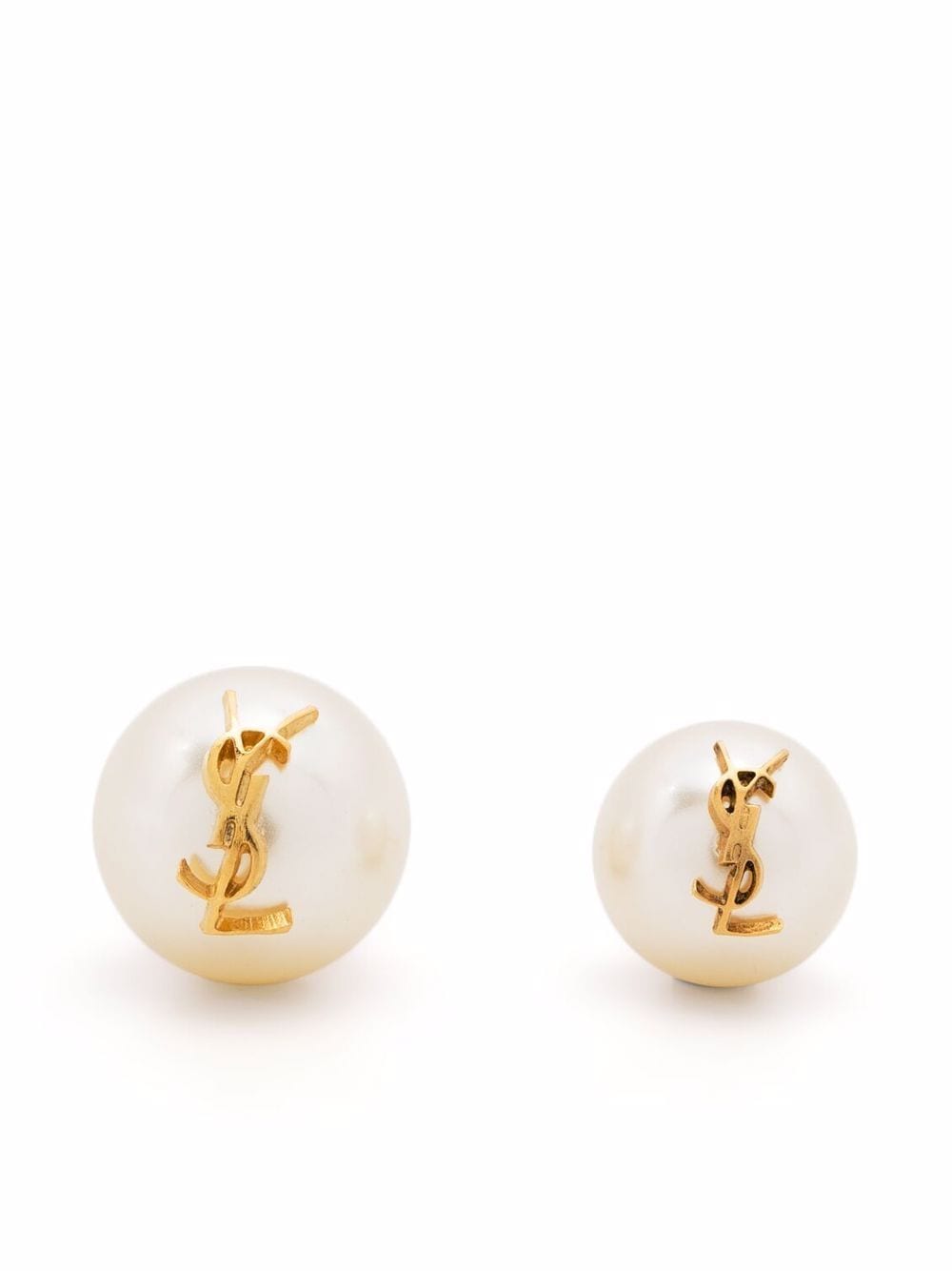 Saint Laurent - logo-plaque pearl stud earrings - women - Pearl/Brass - One Size - White