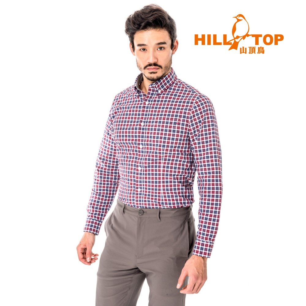 【hilltop山頂鳥】男款吸濕排汗抗UV長襯衫S05M63-紅格子