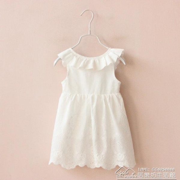 純棉女童純白色洋裝蝴蝶結大V露背鏤空蕾絲兒童背心裙 居樂坊生活館