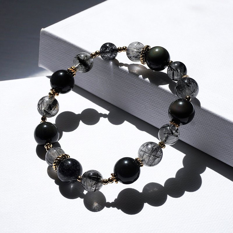 犯太歲 辟邪 防小人 黑髮晶 彩眼黑曜石 日全食 水晶 手鏈