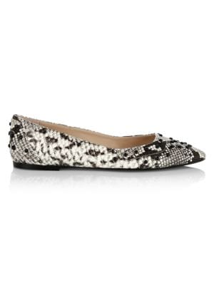 Exotic in design, these python-embossed leather flats feature studded beads.; Python-embossed leathe