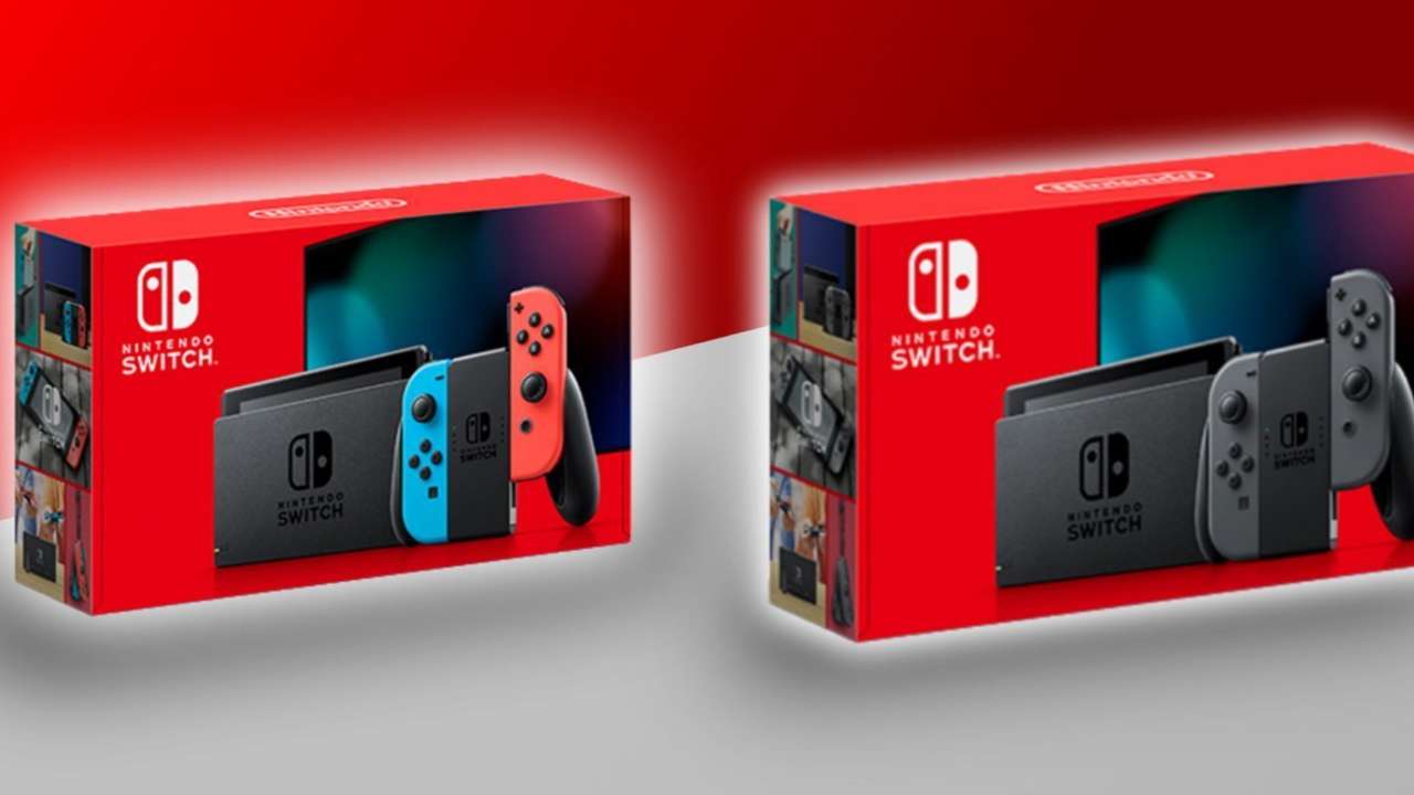 新款 Switch 主機外包裝，以紅色底色為主。
