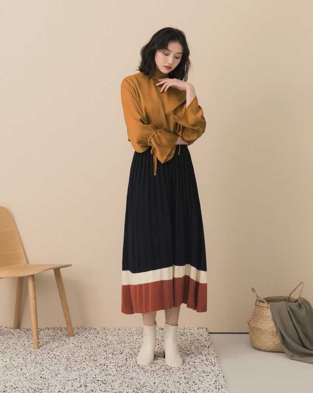 MEIERQ+厚實針織配色百摺裙