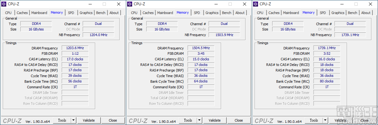 ▲ AMD 平台 AORUS X570 Master 於 DDR4-2400、DDR4-3000、DDR4-3466 均可正常運作，主要時序亦與 Intel 平台相同。（點圖放大）