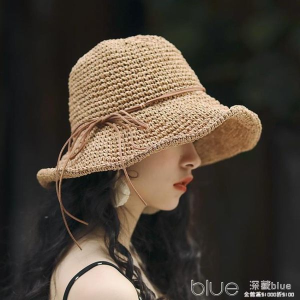 草帽女夏天太陽帽大沿可折疊卷邊遮陽帽出游沙灘帽蝴蝶結休閒涼帽 深藏blue