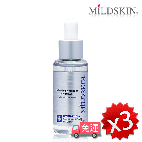 mildskin 玻尿酸高濃保溼精華(特濃) 30ml ×3商品成份：純水、玻尿酸、甘油、玻尿酸鈉、醣基海藻醣、維生素b5、六胜肽、蝸牛萃取。使用方式：早晚臉部清潔於化粧水後，取適量塗抹於臉部肌膚，輕