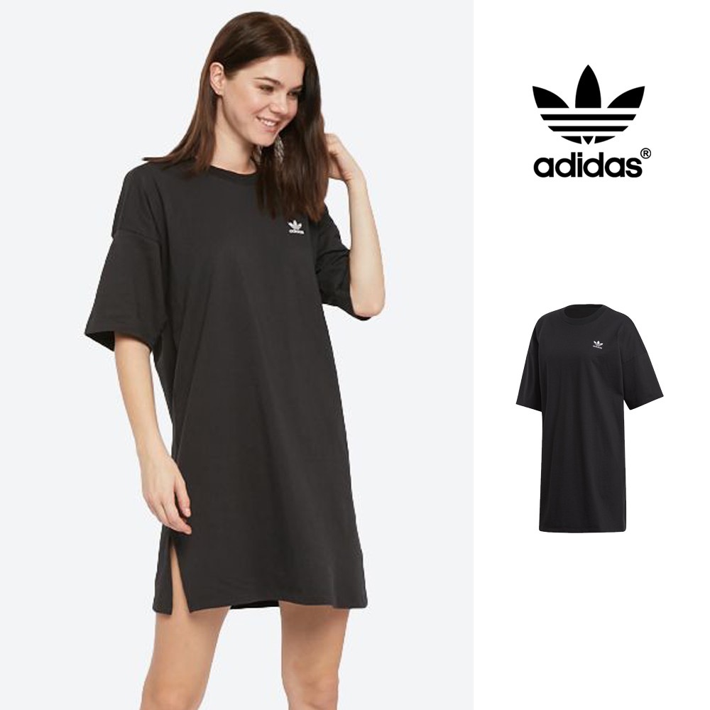 Adidas Originals 黑 洋裝 女款 寬鬆 落肩 純棉 運動 休閒 短袖 長版 連身裙 三葉草 Logo