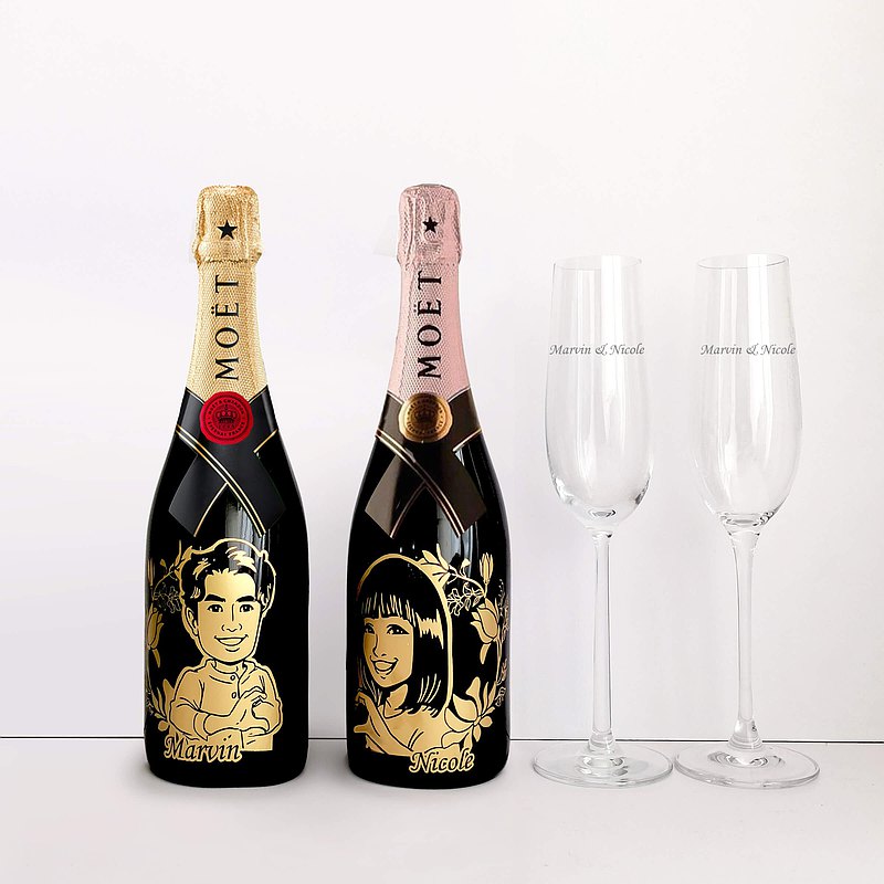 【七夕情人節限時優惠】Moet香檳&對杯套裝|人像雕刻 情侶禮物