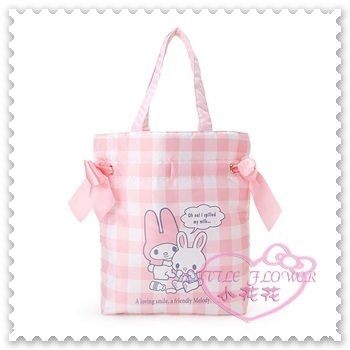 ♥小花花日本精品♥Hello Kitty 美樂蒂Melody手提袋縮口提袋格紋小兔子坐姿粉色日本限定 42158400