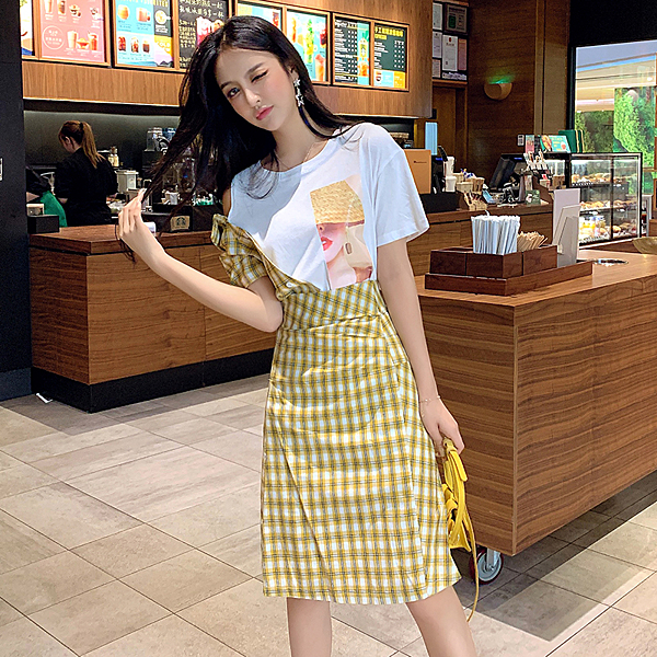 VK旗艦店 韓系印花T恤高腰格紋半身裙套裝短袖裙裝