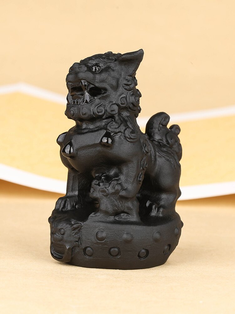 天然黑曜石威武喜獅貴人印擺件聚財石獅子八方運財家居風水擺設品